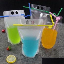 Opbergzakken 17 Oz 500 ml doorzichtige drankzakjes Frosted Rits Stand-Up Plastic Drinkzak met St-houder Hersluitbare Hittebestendige Drop D Ot0Sf