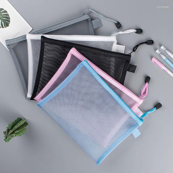 Bolsas de almacenamiento 1pc A4 A5 A6 Malla de nylon transparente Cremallera Bolsa de documentos Carpeta de archivos de papel Libro Lápiz Estuche de bolígrafo Oficina Suministro para estudiantes