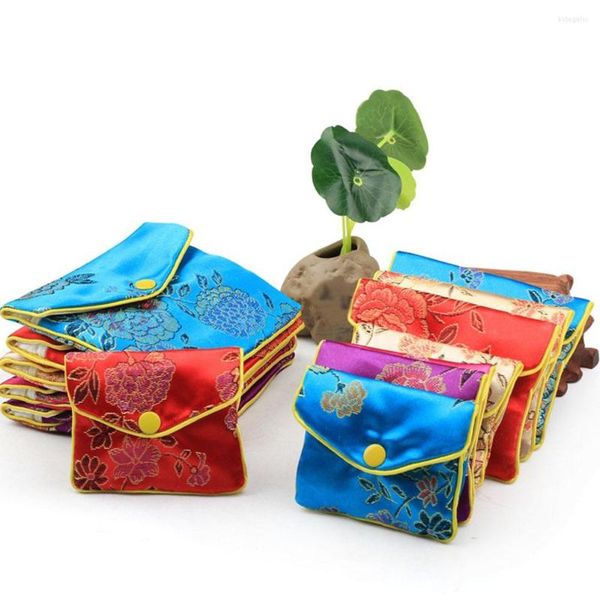 Sacs de rangement 1PC chinois brocart à la main soie broderie rembourré fermeture éclair petits bijoux cadeau pochette sac Snap Case Satin porte-monnaie