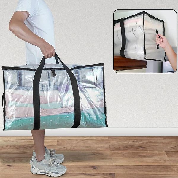 Sacs de rangement 1pc Clear Tote Quilt avec fermeture à glissière de grande capacité Organisateur de vêtements transparents Emballage polyvalent Totes pour déménagement