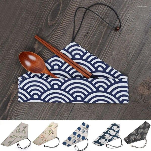 Bolsas de almacenamiento 1 unid Estilo japonés Bolsa de lino de algodón Cubiertos Bolsa con cordón Cocina Vajilla de viaje ambiental