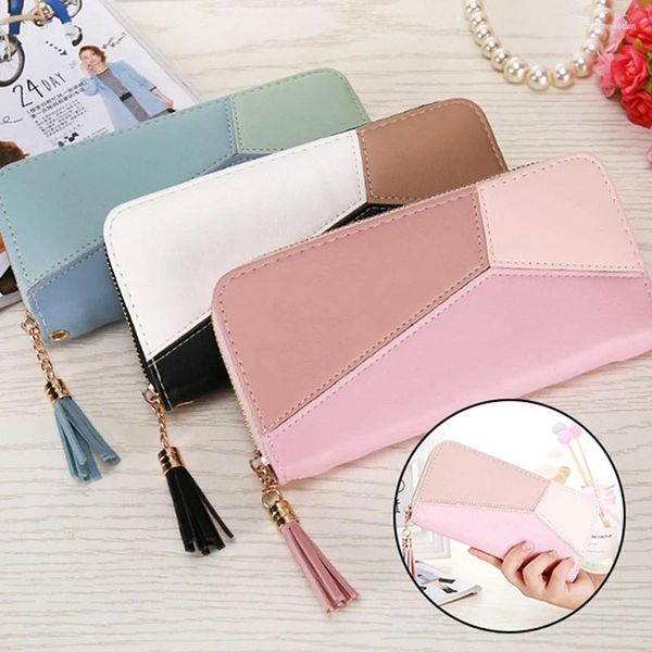 Bolsas de almacenamiento 1 unid Cartera de mujer Cremallera larga Bolso de gran capacidad Cuero de PU Bolso de teléfono de bloque de color duradero Azul / Negro / Rosa