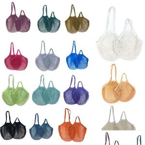 Sacs de rangement 20 couleurs réutilisables d'épicerie sac de maille magasin portable longue / courte poignée sac à main net coton chaîne organisateur fourre-tout pochette pour Dhkhp