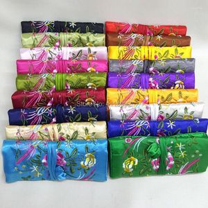 Opbergzakken 20 stks Geborduurd Geluk Vouwen 3 Rits Zak Riem Satijnen Sieraden Roll Up Pouch Make-up Chinese Stijl Cosmetische