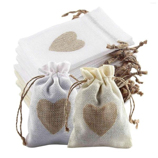 Sacs de rangement 24 pièces pochettes en toile de jute avec cordon et motif coeur sac cadeau bonbons pochette baptême mariage pour farce