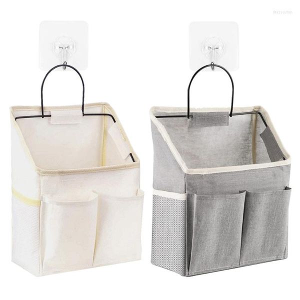 Bolsas de almacenamiento 270F Cesta colgante de puerta de tela de lino con bolsillos Gancho adhesivo Bolsa organizadora de pared Papelera impermeable para cocina