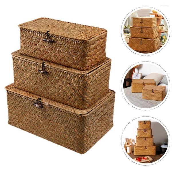 Sacs de rangement 3 PCS Doved Hamper Lid Rustic Bacs Portable Case Toy Toy Organisateur de bureau Panier décoratif d'algues