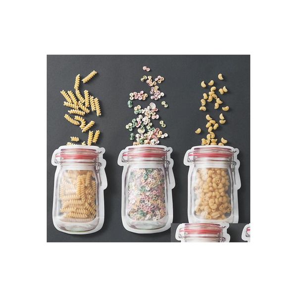 Bolsas de almacenamiento 300 Unids / lote Venta al por mayor Mason Jar En forma de contenedor de alimentos Bolsa de plástico Botella transparente Modelado Cremalleras Snacks Caja Lz0706 Drop D Dh5Ed