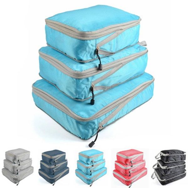 Bolsas de almacenamiento 3 unids/set cubos de embalaje compresibles bolsa de viaje organizador de equipaje organizador impermeable plegable almacenamiento