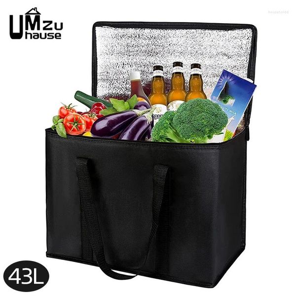 Bolsas de almacenamiento 43L Bolsa de asas aislada Comestibles Fruta Comida Comida Gran refrigerador Entrega Cremallera Estuche térmico Compras al aire libre Organizador del mercado