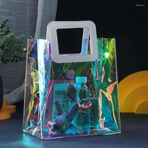 Bolsas de almacenamiento, 4 Uds., bolso de mano iridiscente de plástico, bolso holográfico transparente de gran capacidad a la moda, organizador de viaje plegable reutilizable