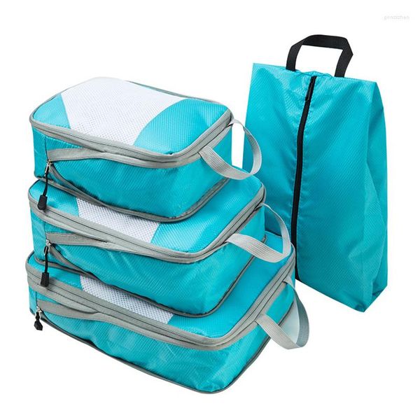 Bolsas de almacenamiento 4 unids/set bolsa de compresión de viaje cubos de embalaje impermeables maleta portátil ropa zapatos organizador malla extensible