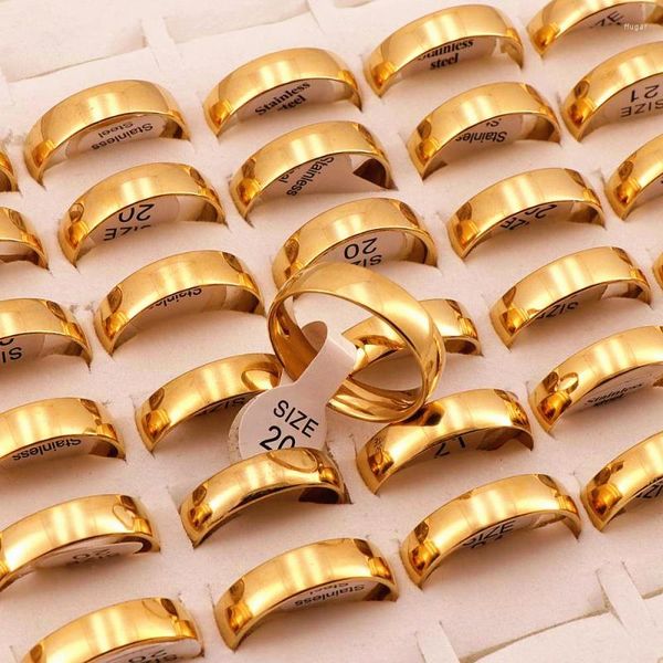 Bolsas de almacenamiento 50 Unids / lote 6mm Moda Clásica Anillos de Acero Inoxidable Dorado Anillo de Amante de la Boda Para Hombres Mujeres Superficie Esférica Pulida en el interior