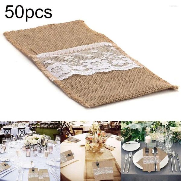 Bolsas de almacenamiento 50pc arpillera de encaje de encaje bolsillo de vajilla rústica cucharada de bifurcador de horquilla de hessian accesorios de decoración de mesa de yute para