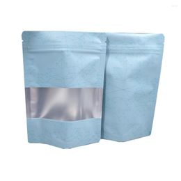 Bolsas de almacenamiento 50 unids Bolsa de pie de papel de aluminio azul con ventana esmerilada Sello de agarre impreso Bolsas de paquete de café de caramelo de alimentos