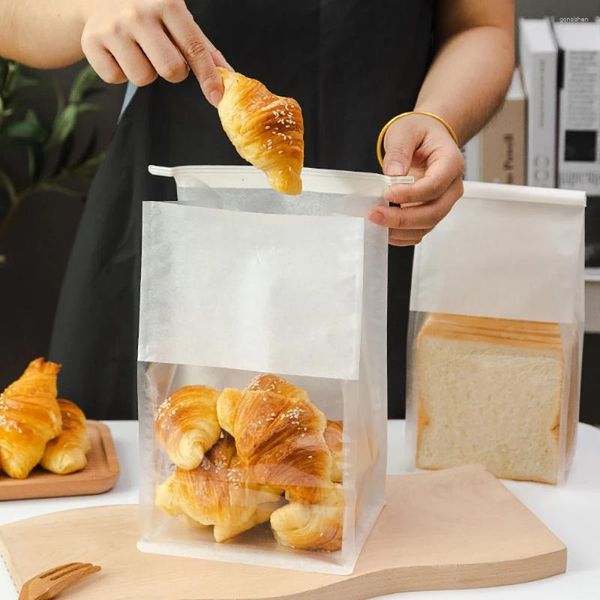 Sacs de rangement 50pcs Pain Toast Petit-déjeuner Kraft Sac en papier Pochettes avec fenêtre et cravate en étain gratuite Emballage alimentaire à fond plat