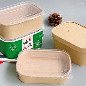 Bolsas de almacenamiento 50 unids Caja de almuerzo de papel kraft desechable Grueso rectangular Embalaje para llevar Embalaje de grado alimenticio Microondas Bento con tapa