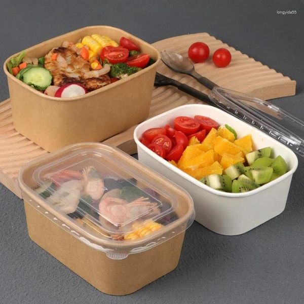 Sacs de stockage 50pcs jetables papier kraft boîtes à lunch épais rectangulaire à emporter Bento boîte de qualité alimentaire micro-ondes emballage thermique avec couvercle