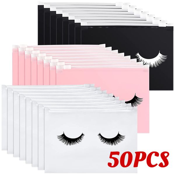 Sacs de rangement 50pcs soins des cils réutilisables EVA maquillage toilette voyage sac en plastique pochette cosmétique avec fermeture à glissière 230111