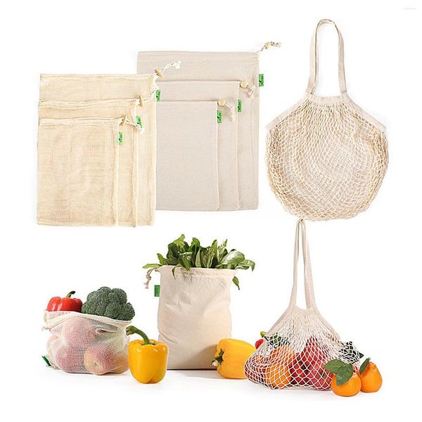 Sacs de rangement 8pcs pur coton sac ensemble maille filet poche fruits légumes épicerie réutilisable produit cordon shopping