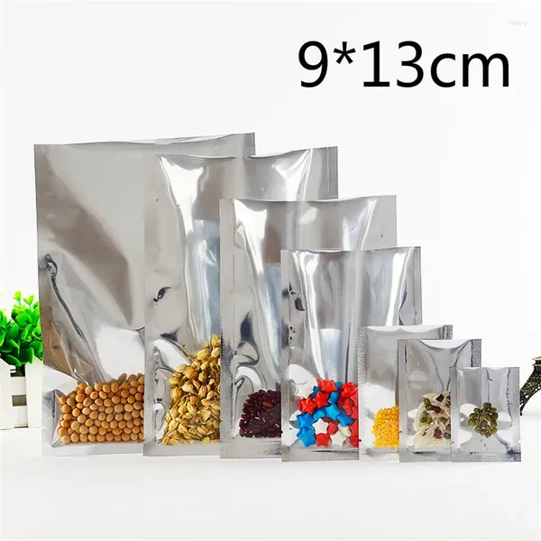 Sacs de rangement 9 13cm 200pcs / lot Sacuches vide sceau de chaleur ouverte en aluminium argent papier d'emballage transparent sac d'emballage package de nourriture