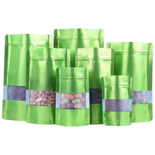 Bolsas de almacenamiento 9 Tamaño Verde Stand Up Bolsa de papel de aluminio con ventana transparente Bolsa de plástico Cremallera con cierre Envasado de alimentos LX2693 Drop Del Dheim