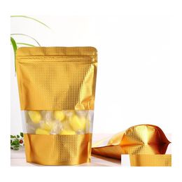 Bolsas de almacenamiento 9X13Cm Golden Stand Up Bolsas de embalaje de papel de aluminio en relieve Resellable Poly Window Mylar Bolsa de almacenamiento de alimentos para Dry Nu Dhpzb