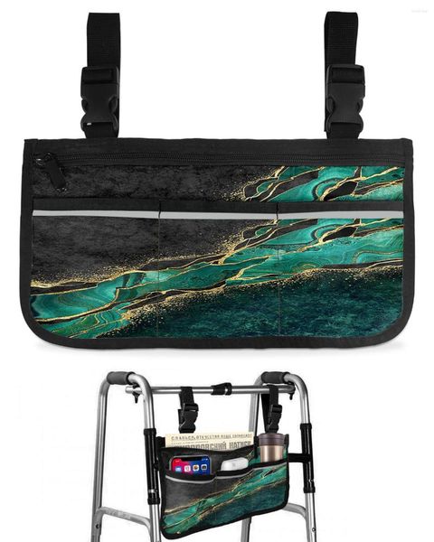 Sacs de rangement Sac de fauteuil roulant en marbre noir abstrait vert malachite avec poches accoudoir côté scooter électrique pochette de cadre de marche