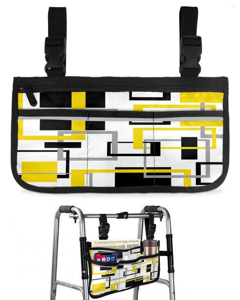 Sacs de rangement Carrés de géométrie abstraite Art moderne Noir Jaune Sac pour fauteuil roulant Accoudoir latéral Scooter électrique Pochette pour cadre de marche