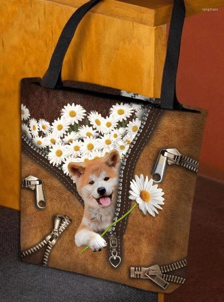 Sacs de rangement Akita Inu Daisy femmes sac fourre-tout impression 3D poignée Shopper drôle pliable réutilisable polyvalent 12Style chien motif
