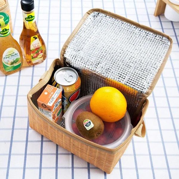 Bolsas de almacenamiento Almuerzo de ratán artificial Caja de aislamiento portátil para un recipiente de comida para campamento de picnices Termales Cooler Pouch Bold