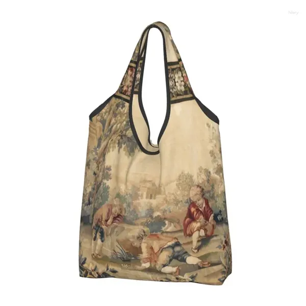 Bolsas de almacenamiento Aubusson Tapestry Antique Tapestry Tote Tote portátiles Boho Flores francesas Compador de comestibles Bolsa de hombro