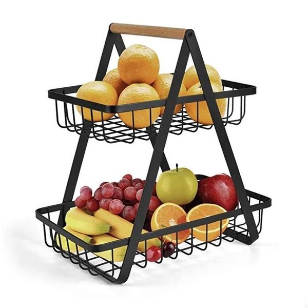 Sacs de rangement paniers de cuisine en métal Panier de fruits détachables portefeuille portable en bois portable Double couches étagère étagère pour fruits légumes dhhn6