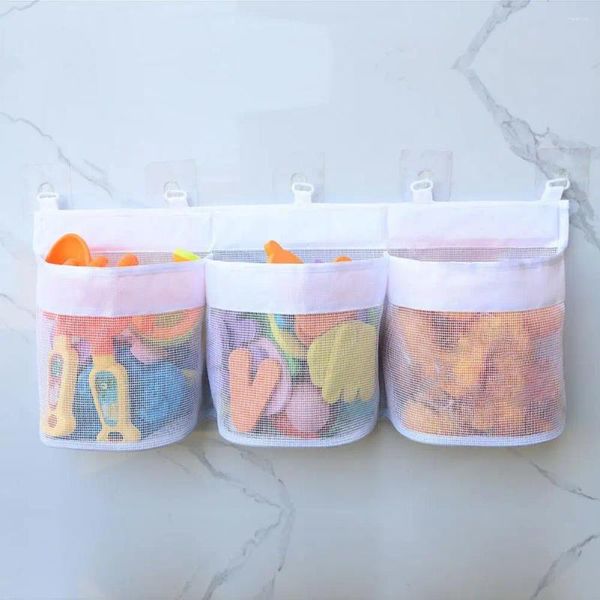 Sacs de rangement Organisateur de salle de bain pour shampooing Sac en filet en maille respirant avec trois poches pour bébé toys résistant à la moisissure