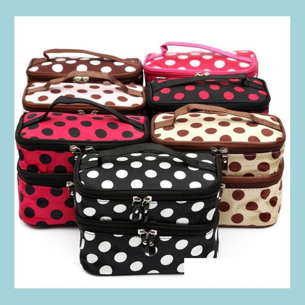 Bolsas de almacenamiento Big Dots Bolsa de maquillaje Organizador de almacenamiento de artículos de tocador de viaje portátil con espejo Doble capa Lavado cosmético Entrega de gota 202 Dhypj