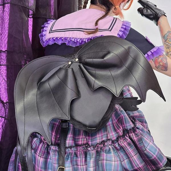Bolsas de almacenamiento Black Bat Backpack Y2k Cool Girl Gothic Bag con alas Punk Lolita Pu cuero impermeable lindo en forma de corazón estudiante escuela