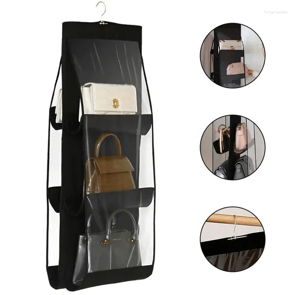 Bolsas de almacenamiento Bolso negro Organizador colgante con 6 bolsillos Bolsa de tela Oxford plegable para el dormitorio del armario familiar