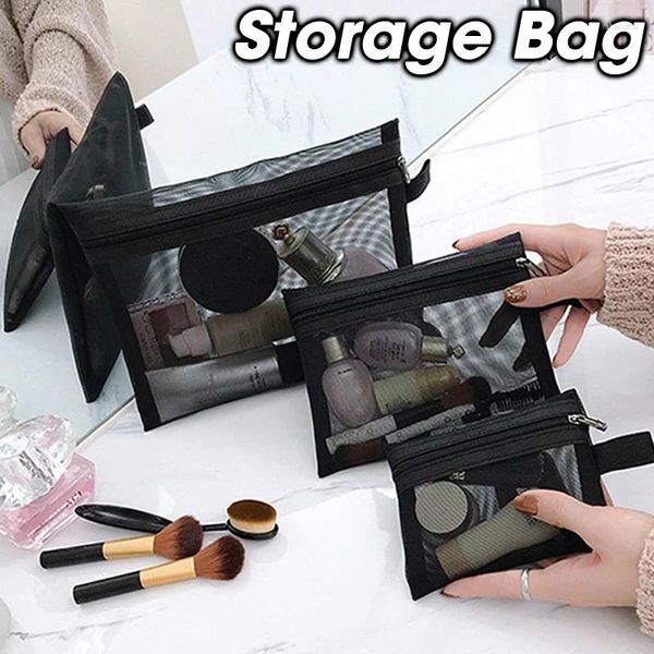 Sacs de rangement Sac de maquillage en mailles noires Girl Femmes Ventitres Cosmetic Organisateur portable lavage à lèvres à lèvres