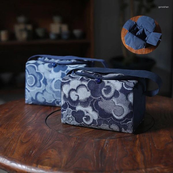 Bolsas de almacenamiento Bolsa de viaje impresa azul Ceremonia de té Organizador Set Taza Grande Chino Esenciales portátiles