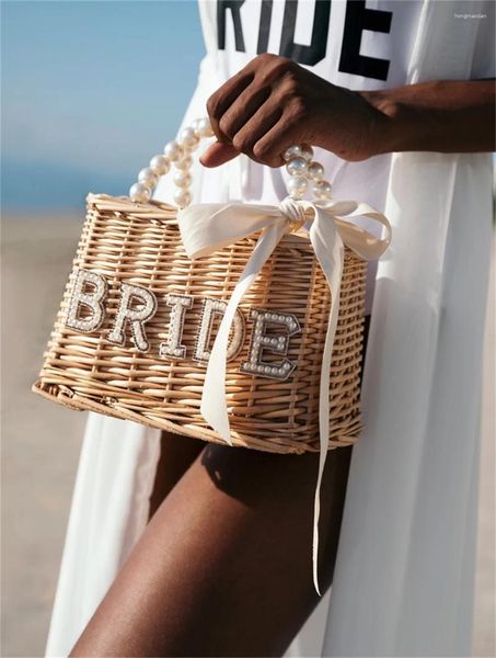 Bolsas de almacenamiento Bolsa de playa personalizada para novia con perlas y lazo Bolsa personalizada para ducha nupcial de paja personalizada-