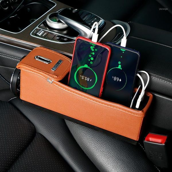 Bolsas de almacenamiento Coche Caja USB dual Espacio para asiento Alta capacidad Bellamente enrutado PU Cuero Multifuncional Titular de la taza de agua