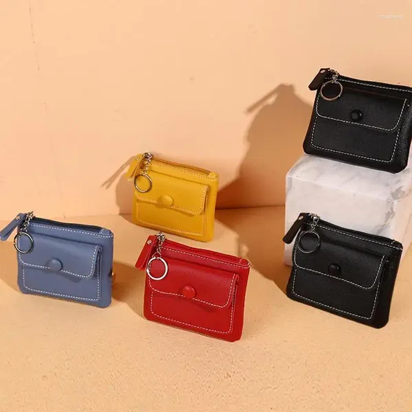 Bolsas de almacenamiento Titular de la tarjeta Cartera para mujeres Pequeña PU con bolsillo frontal con cremallera Color sólido Niñas