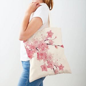 Opbergzakken Kinderen Cadeau Roze Perzik Bloesem Schouder Tote Handtassen Dubbele Print Dames Shopper Eco Cartoon Plant Lady Boodschappentas