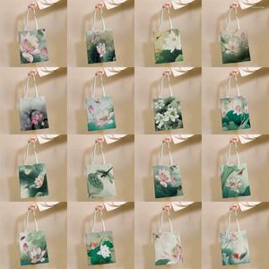 Opbergtassen Chinese stijl kleurrijk lotus patroon herbruikbare boodschappentas canvas tote printing eco shopper schouder