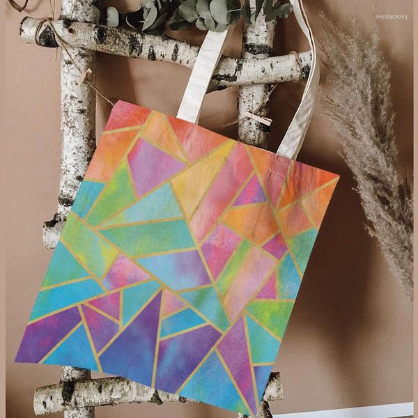 Bolsas de almacenamiento Mosaico colorido Gráficos geométricos Viaje Cosmético Moda casual Bolso de mano de lona de gran capacidad Compras para mujer