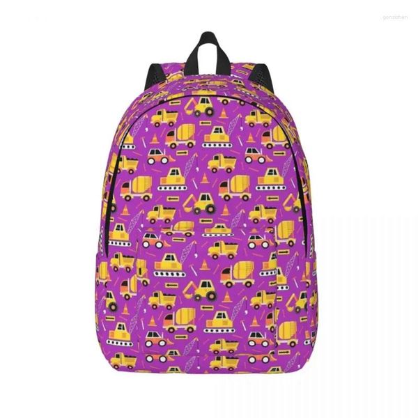 Sacs de rangement Camion de construction sur sac à dos violet vif Enfants Étudiant Livre d'école Toile Sac à dos Sac à dos primaire avec poche