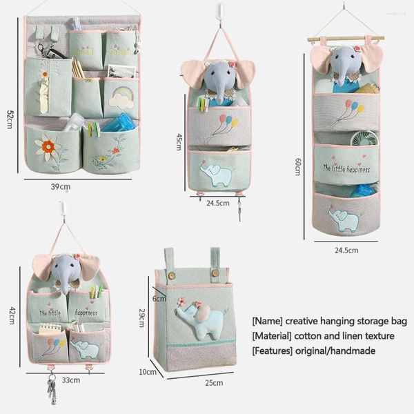 Sacs de rangement en coton lin organisé suspendu à maison murale de salle de bain cartouche de cuisine de salle de bain bébé éléphant multicouche