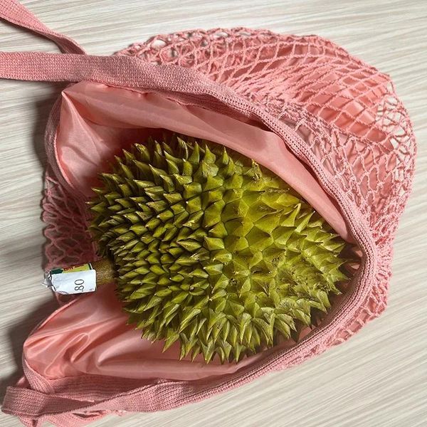 Bolsas de almacenamiento Cesta de bolsas de red de algodón para supermercado plegable Comercy frutas de malla de malla de vegetales con mango corto /largo
