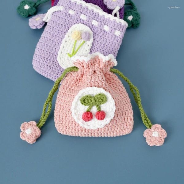 Sacs de rangement créatifs Mini sac de changement fait à la main Crochet mignon tricot fleur poche fille bricolage sac à main cadeau