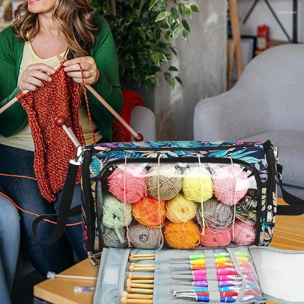 Sacs de rangement Sac à crochet Crochet Multifonctionnel Portable Yarn Organisateur Tricoter Tote avec trous et fermeture de bricolage Artisanat d'aiguille bricolage